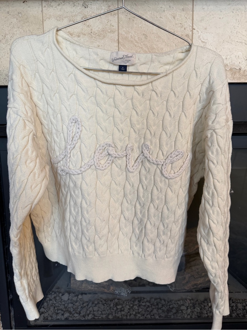 Universal Thread Cream Cable-Knit 'Love' Crewneck Sweater